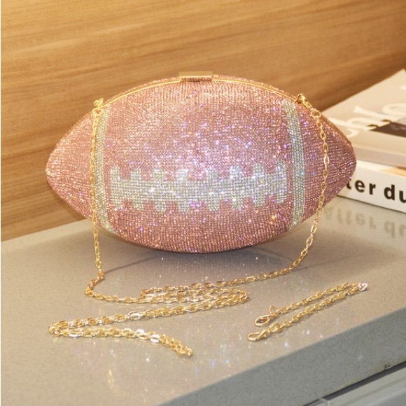 Unique Pink Silver Rhinestone Embellished Football Clutch Purse Handbag - Picture 3 of 5